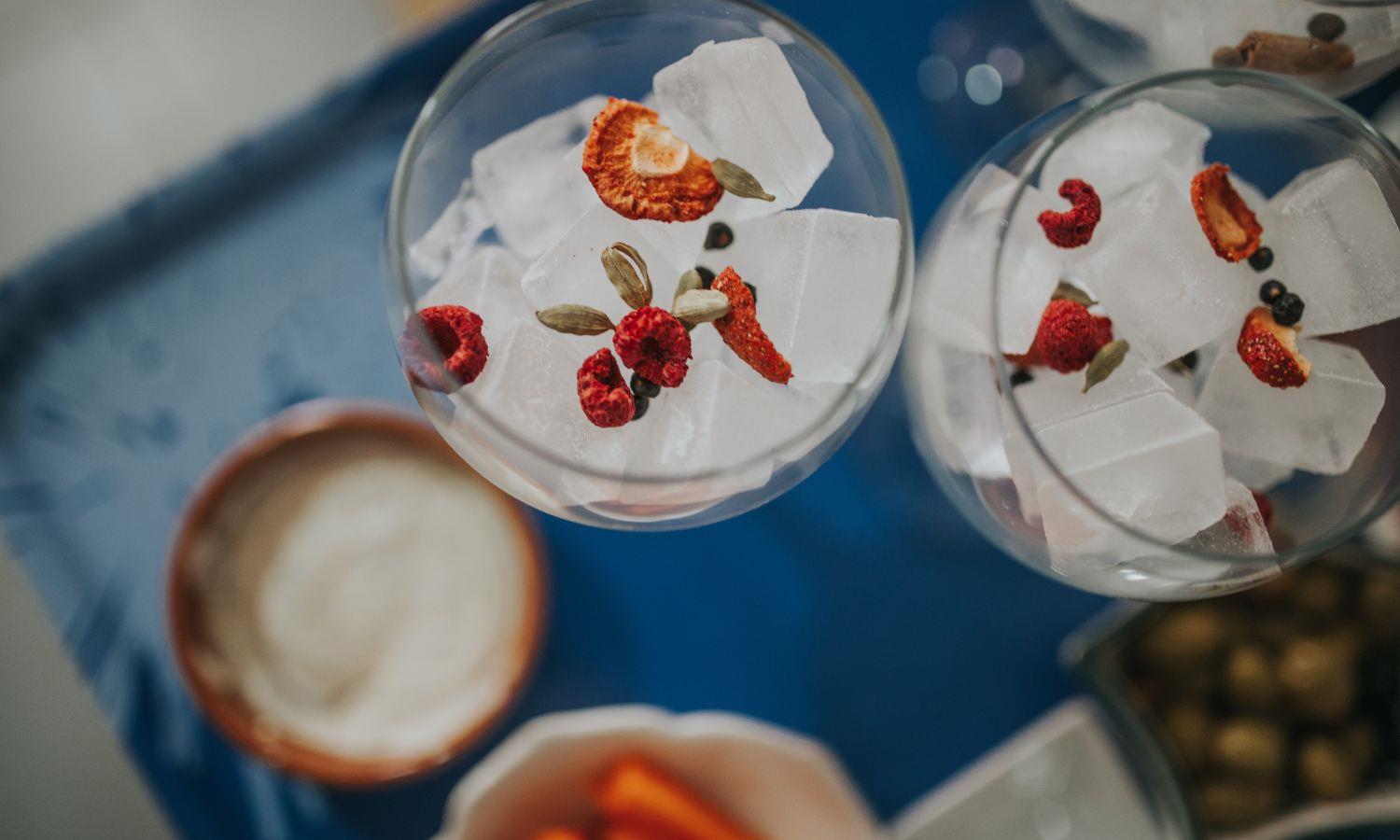 Two gin glasses with a berry garnish