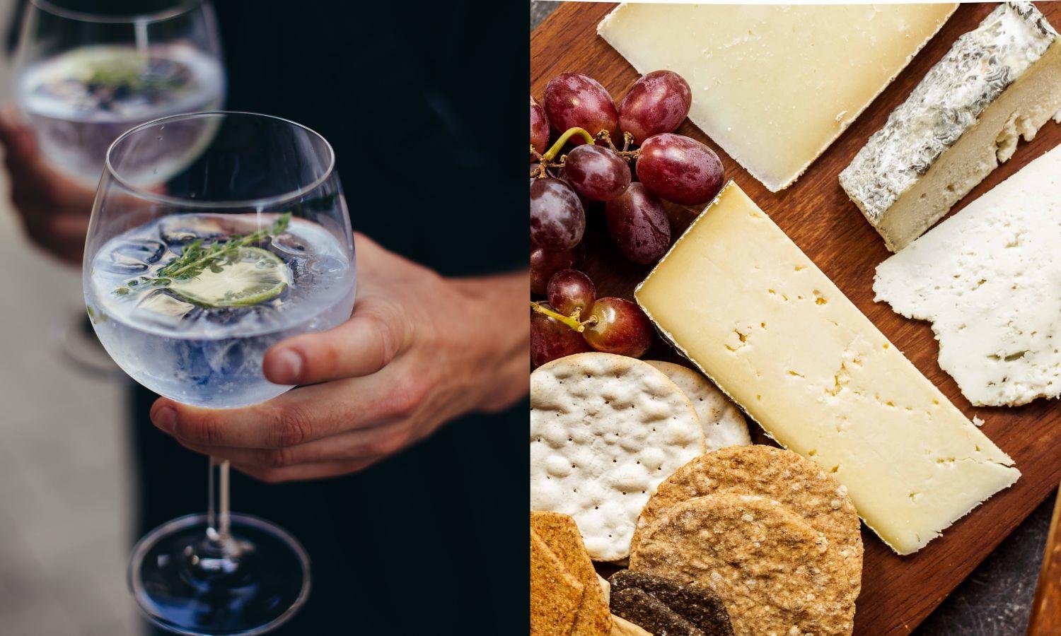 Botanical gin in a glass and a cheese board