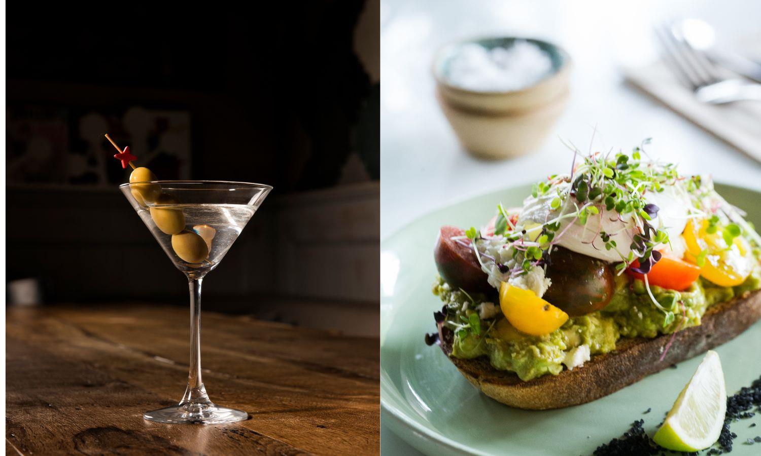 Gin martini with olives and a bruschetta on a plate