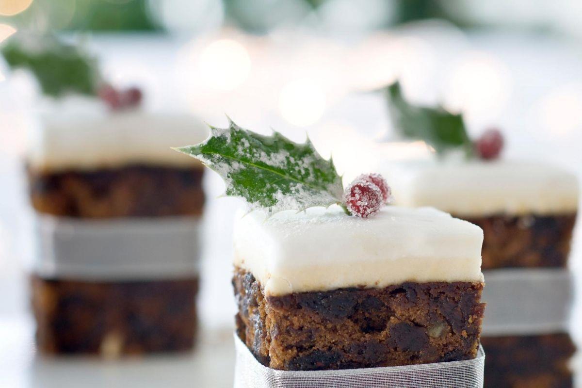 Squares of Christmas cake decorated with holly