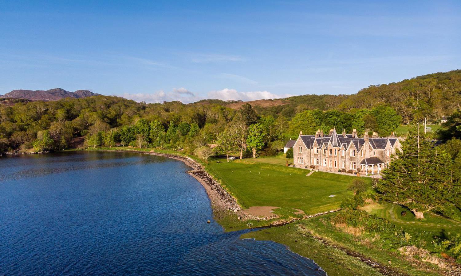 Aerial view of Shieldaig Lodge, the loch and estate